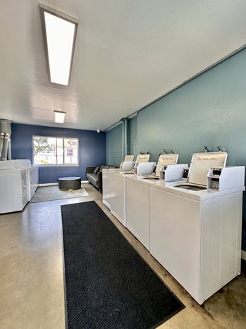 Community laundry facility with seating area and folding bench